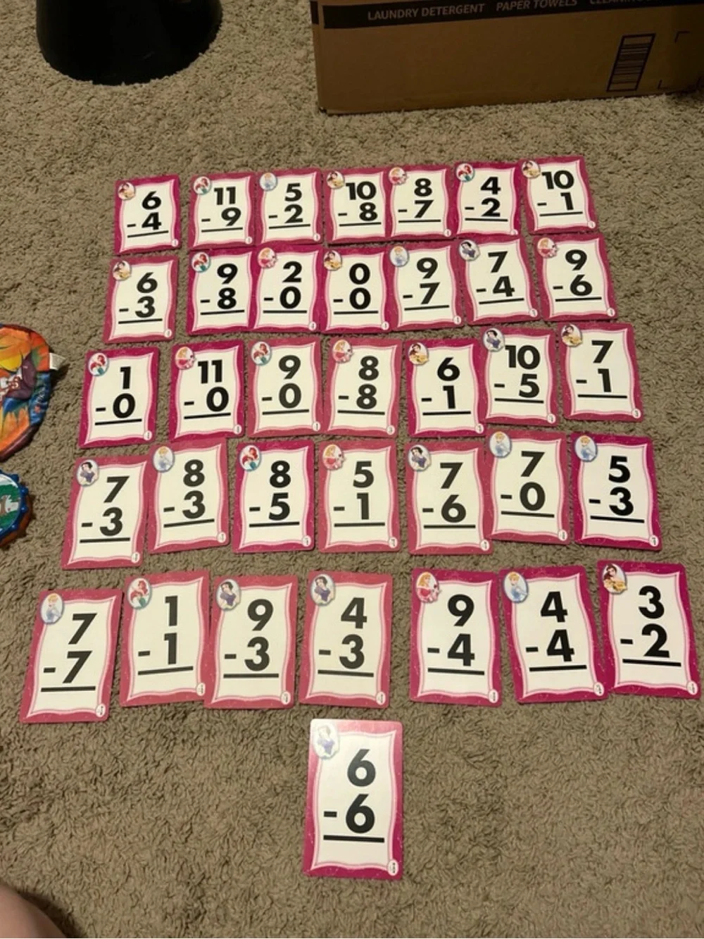 Disney Princess Subtraction Flash Cards Complete 36 Card Set Learning Math